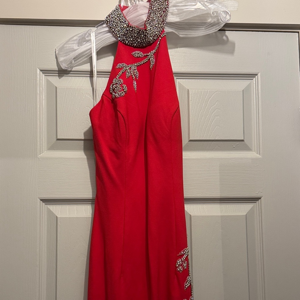 Sherri Hill Red Backless Dress with Silver Embellishments